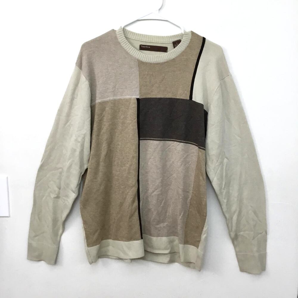 PERRY ELLIS Beige Tan Squares on Front Long Sleeve Crewneck Cotton Sweater Sz L